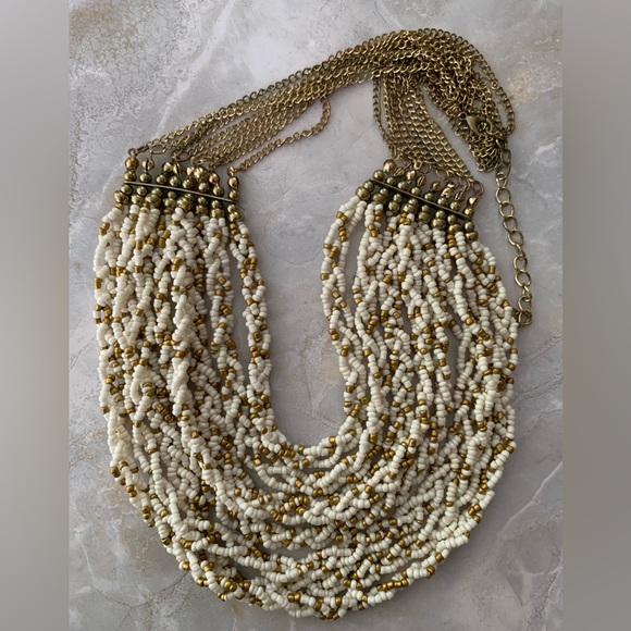 Cream and Gold Seed Beaded Layered Necklace - Picture 2 of 5